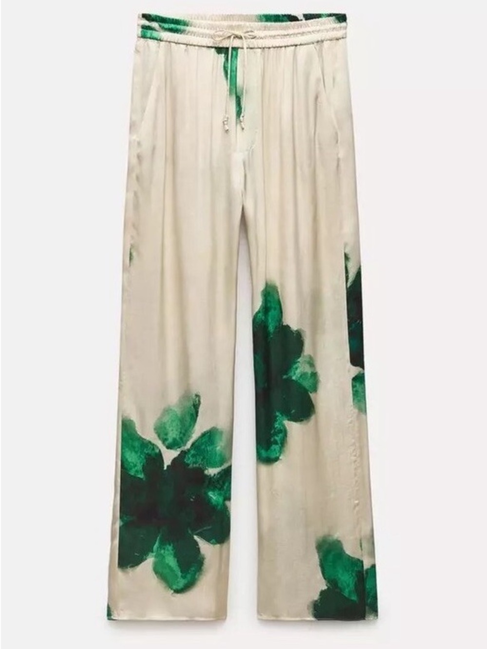 Zara Cream Satin Wide-Leg Pants with Green Floral Print